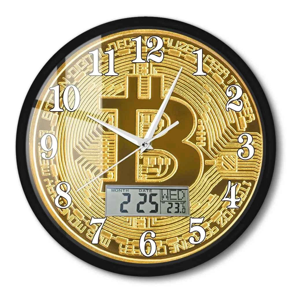 Bitcoin Wall Clock – Golden Crypto Coin LCD Digital Display Clock for Traders & Crypto Enthusiasts