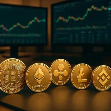 Five gold-colored cryptocurrency coins, including Bitcoin, Ethereum, Ripple, Tether, and USDT, arranged in a row on a dark desk with blurred computer monitors showing stock charts in the background.