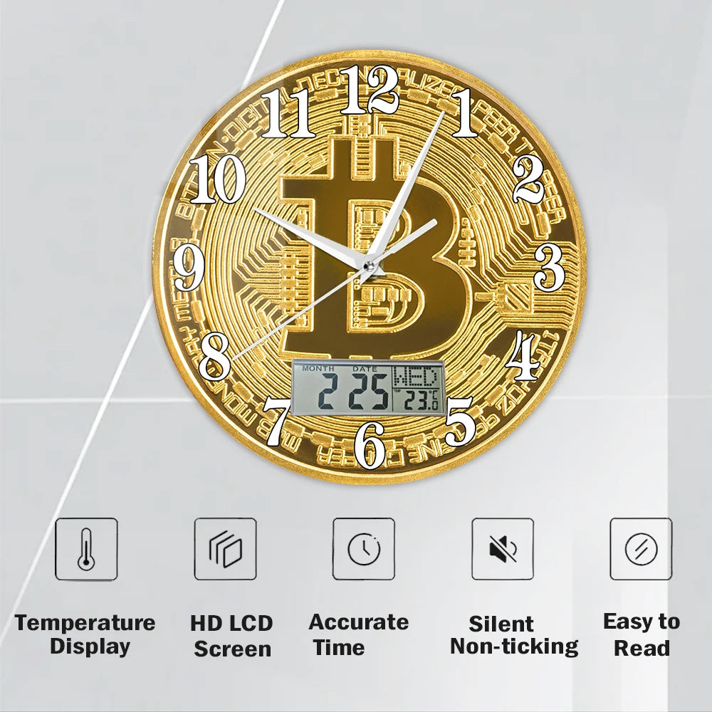 Bitcoin Wall Clock – Golden Crypto Coin LCD Digital Display Clock for Traders & Crypto Enthusiasts