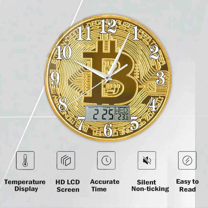Bitcoin Wall Clock – Golden Crypto Coin LCD Digital Display Clock for Traders & Crypto Enthusiasts
