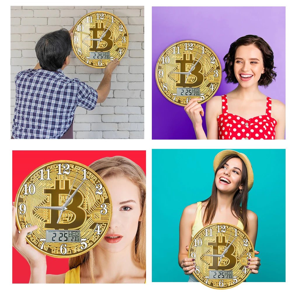 Bitcoin Wall Clock – Golden Crypto Coin LCD Digital Display Clock for Traders & Crypto Enthusiasts
