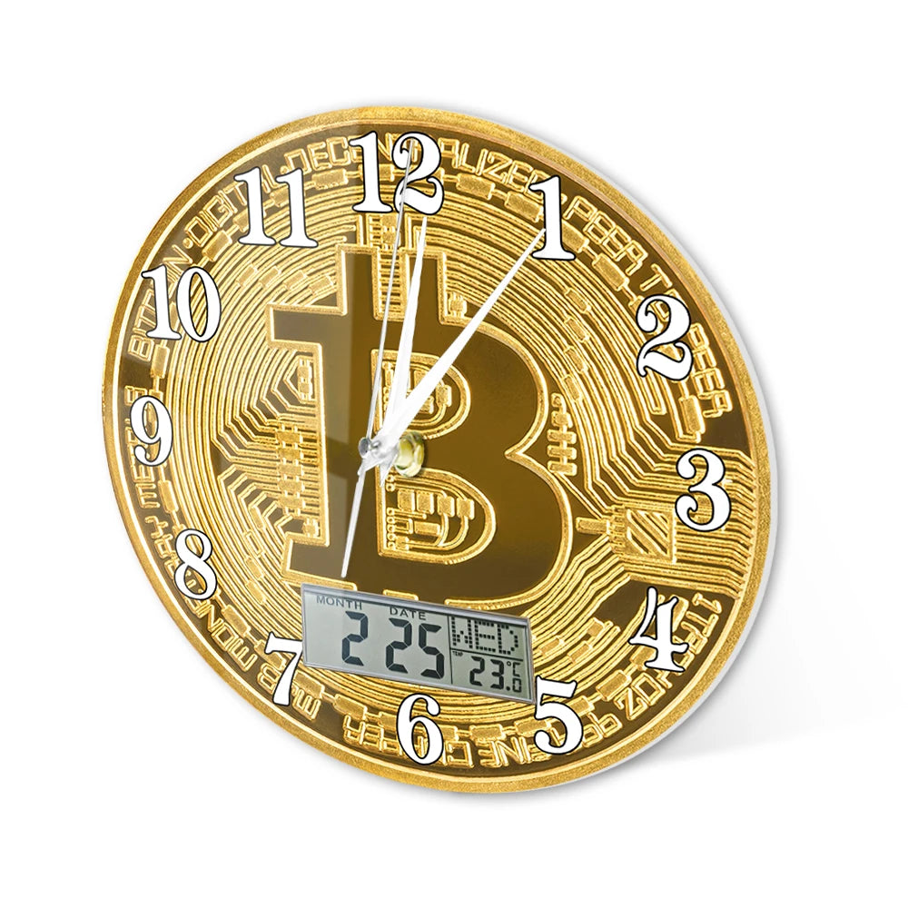 Bitcoin Wall Clock – Golden Crypto Coin LCD Digital Display Clock for Traders & Crypto Enthusiasts