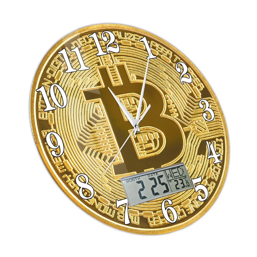 Bitcoin Wall Clock – Golden Crypto Coin LCD Digital Display Clock for Traders & Crypto Enthusiasts