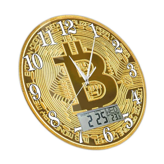 Bitcoin Wall Clock – Golden Crypto Coin LCD Digital Display Clock for Traders & Crypto Enthusiasts