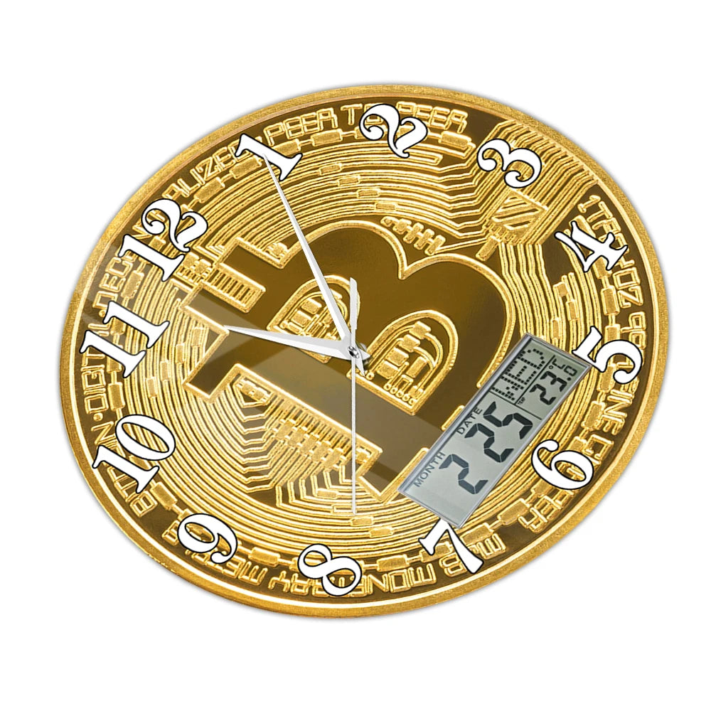 Bitcoin Wall Clock – Golden Crypto Coin LCD Digital Display Clock for Traders & Crypto Enthusiasts
