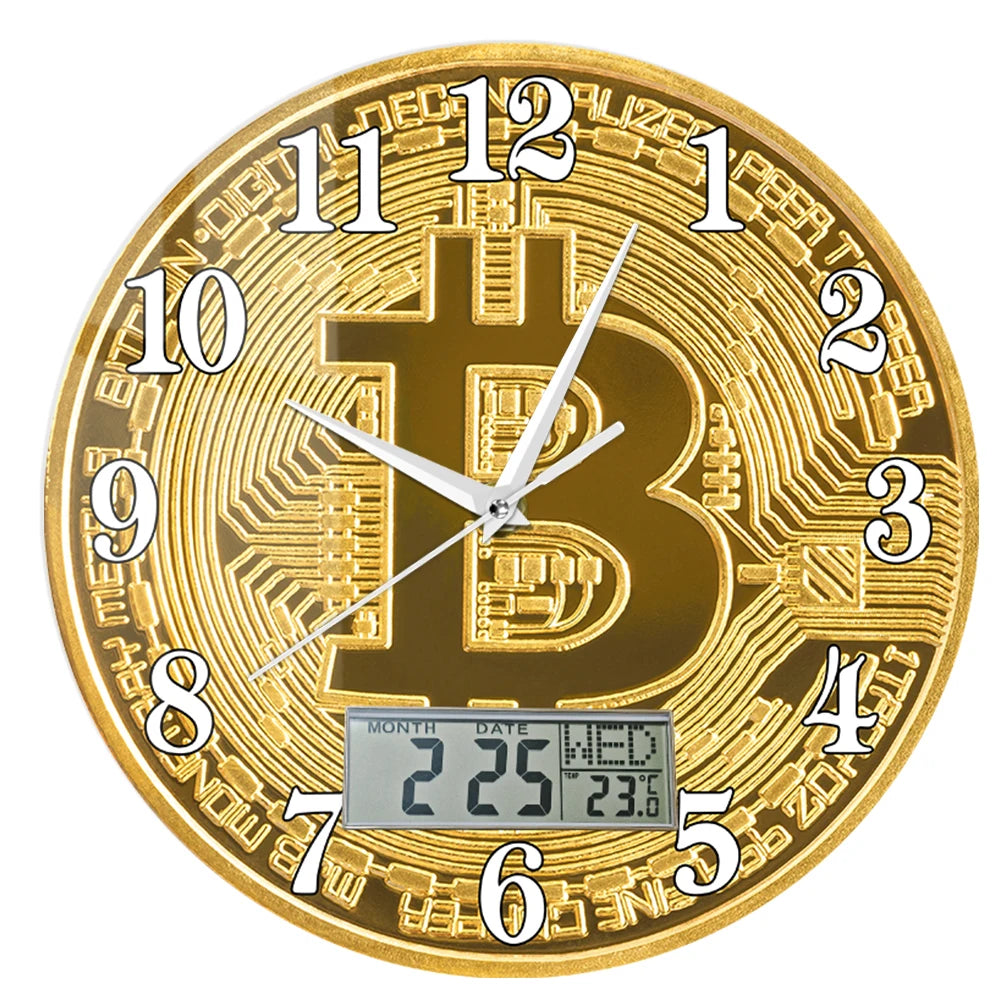 Bitcoin Wall Clock – Golden Crypto Coin LCD Digital Display Clock for Traders & Crypto Enthusiasts