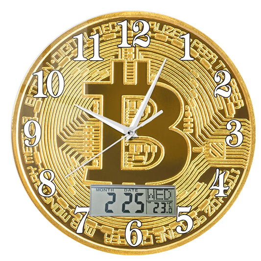 Bitcoin Wall Clock – Golden Crypto Coin LCD Digital Display Clock for Traders & Crypto Enthusiasts