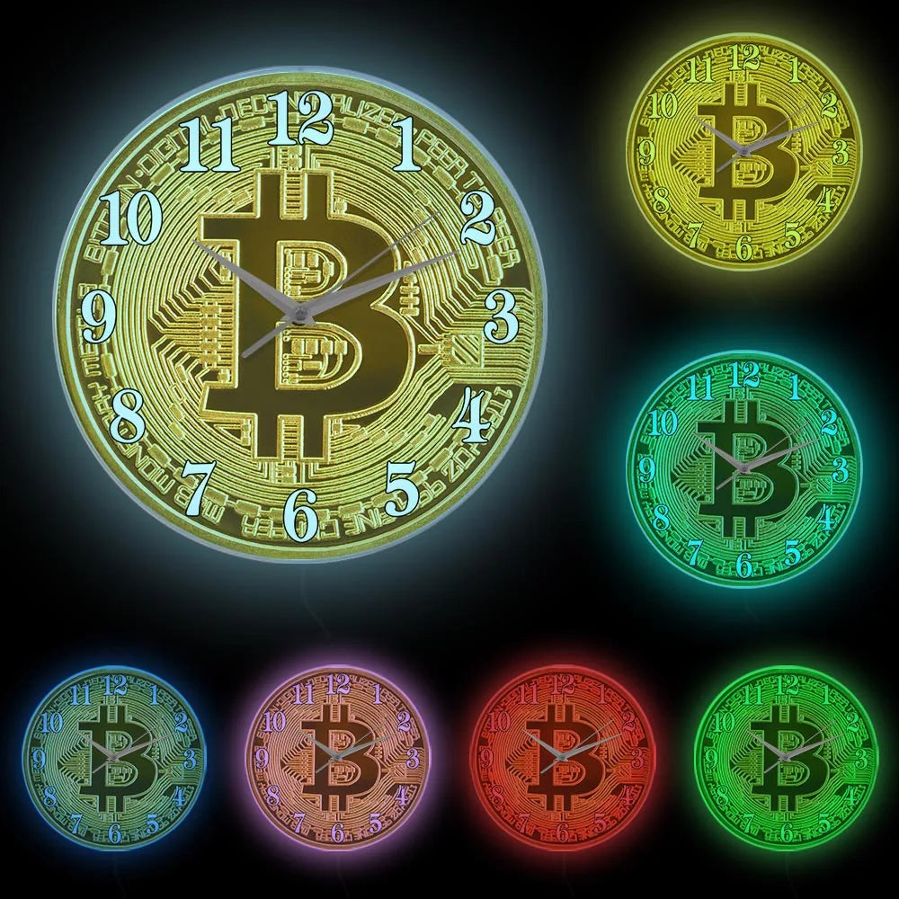 Bitcoin Wall Clock – Golden Crypto Coin LCD Digital Display Clock for Traders & Crypto Enthusiasts
