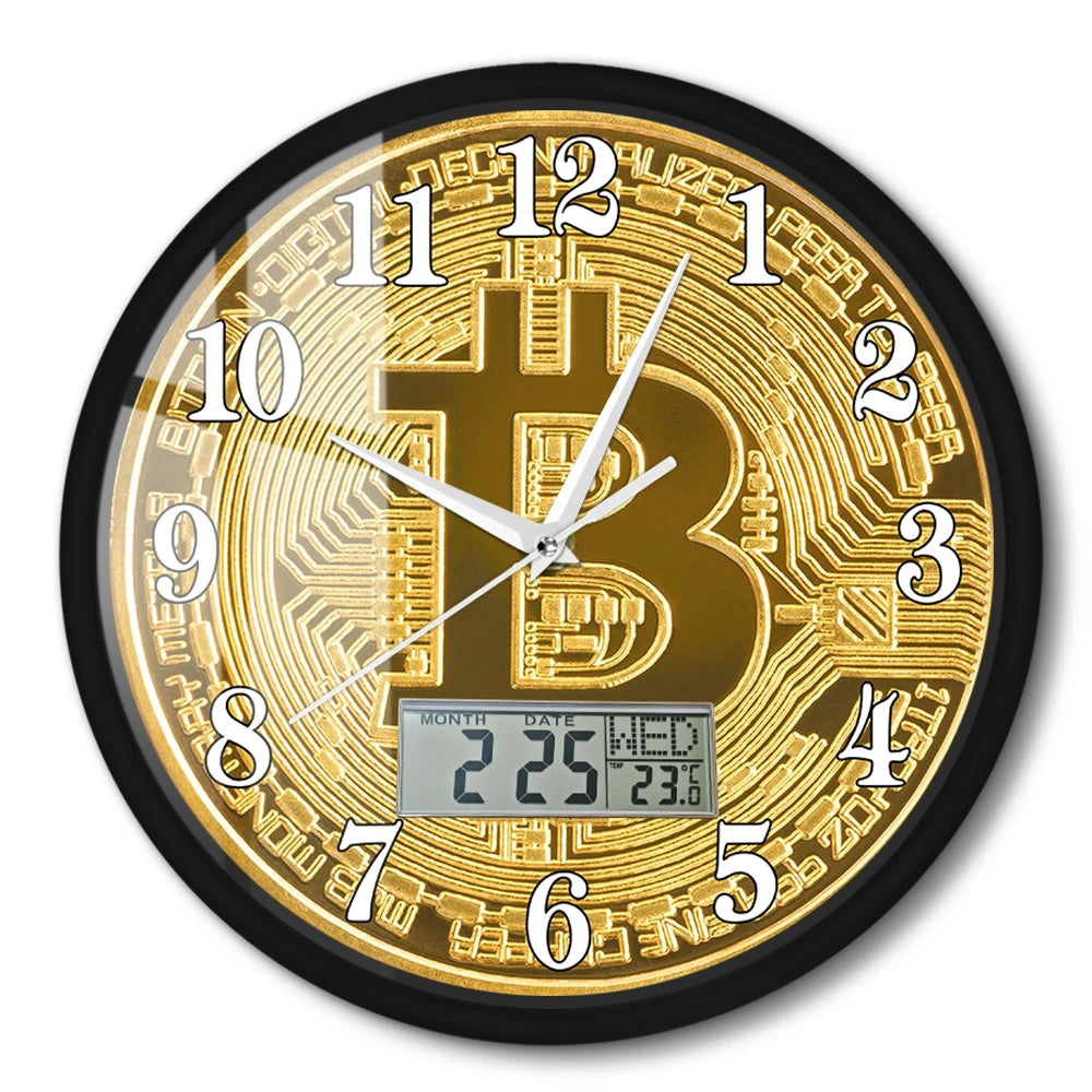 Bitcoin Wall Clock – Golden Crypto Coin LCD Digital Display Clock for Traders & Crypto Enthusiasts