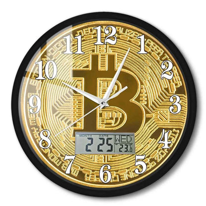 Bitcoin Wall Clock – Golden Crypto Coin LCD Digital Display Clock for Traders & Crypto Enthusiasts