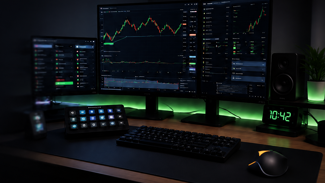 A dark, modern gaming or trading desk setup with three computer monitors displaying financial charts and graphs, a keyboard, a mouse on a large desk mat, a small illuminated display, and green LED lighting in a dim room.
