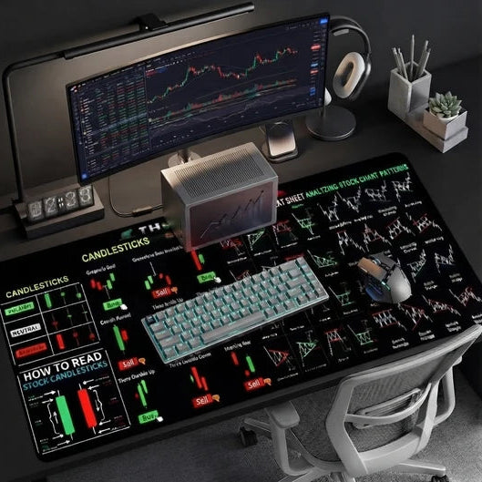A large black desk mat featuring candlestick stock chart diagrams and trading terms, styled on a desk with a keyboard, mouse, dual monitors, headphones, and office accessories.
