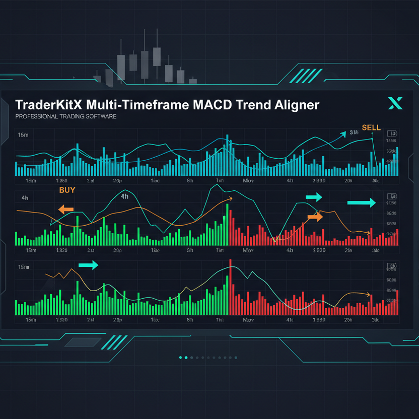 A digital promotional graphic for the TraderKitX Multi-Timeframe MACD Trend Aligner software, showing a futuristic dark gray and black interface with cyan, green, and red trading charts and indicators on a dark background.