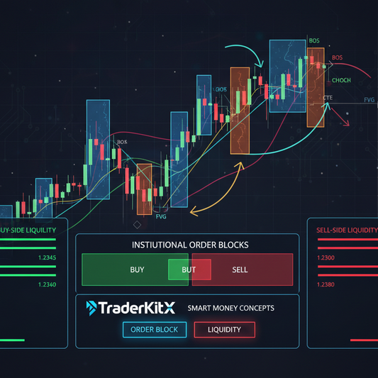 A digital infographic on financial trading and liquidity, featuring candlestick stock charts, order blocks, and TraderKitX branding on a dark background.