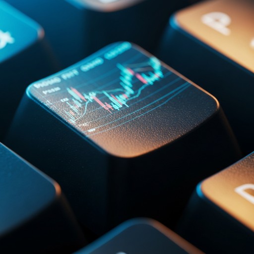 Close-up of a black computer keyboard key printed with a glowing financial candlestick stock chart in cyan and red, surrounded by other dark keyboard keys under dramatic blue and warm orange lighting.